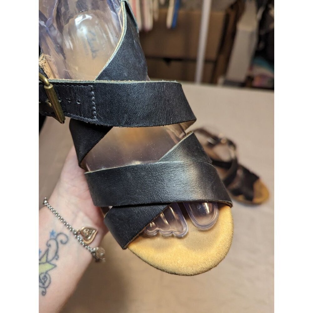 Clarks Artisan Black Leather Cork Platform Wedge Sandals Size 9m - Picture 6 of 16